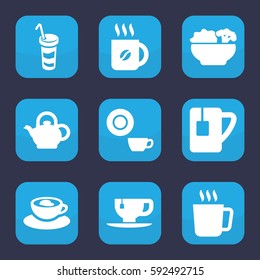 tea icon. Set of 9 filled tea icons such as mug, dish, coffee, tea cup, drink, cup with heart, teapot