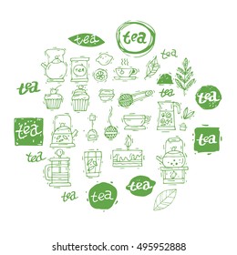 Tea icon set. China. Hand drawn vintage lettering. Sketch. Isolated objects on white background. Vector illustration.