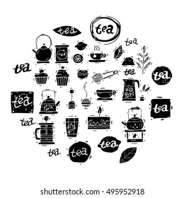 Tea icon set. China. Hand drawn vintage lettering. Sketch. Isolated objects on white background. Vector illustration.