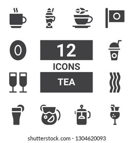tea icon set. Collection of 12 filled tea icons included Juice, French press, Drink, Bacon, Toast, Latte, Japan, Toffee, Coffee cup, Tea