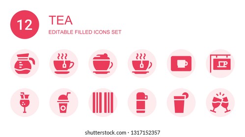 tea icon set. Collection of 12 filled tea icons included Coffee, Tea cup, Mocha, Coffee cup, Juice, Drink, Bacon, Thermo, Beverage, Toast