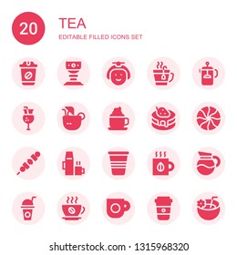 tea icon set. Collection of 20 filled tea icons included Coffee, Cup, Japanese, Tea, French press, Juice, Coconut drink, Pancake, Mint, Brochette, Hot drink, Drink, Coffee cup