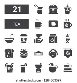 tea icon set. Collection of 21 filled tea icons included Pancake, Coconut drink, Beverage, Drink, Coffee, Japanese, British museum, Botanical, Toast, Latte, Juice, Punch bowl