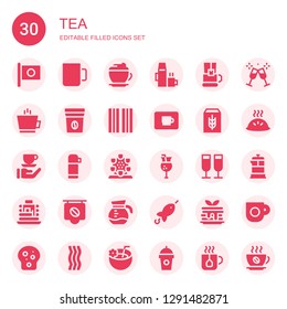 tea icon set. Collection of 30 filled tea icons included Japan, Cup, Mocha, Hot drink, Tea cup, Coffee, Coffee bag, Bacon, Coffee cup, Cereal, Thermo, London eye, Juice, Toast
