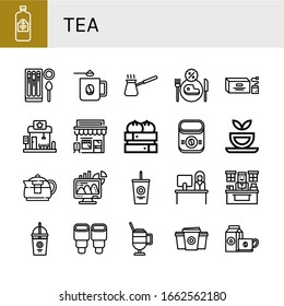 tea icon set. Collection of Juice, Churros, Coffee mug, Cezve, Restaurant, Tea bag, Cafe, Dumpling, Instant coffee, Herbal tea, Teapot, Office, Soda, Reception, Smoothie icons