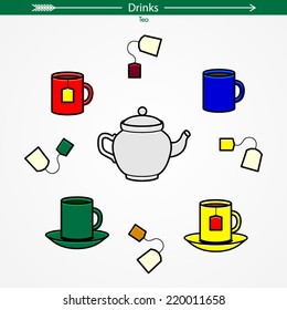 Tea Icon Set. Colored Outlines. Pictogram Style