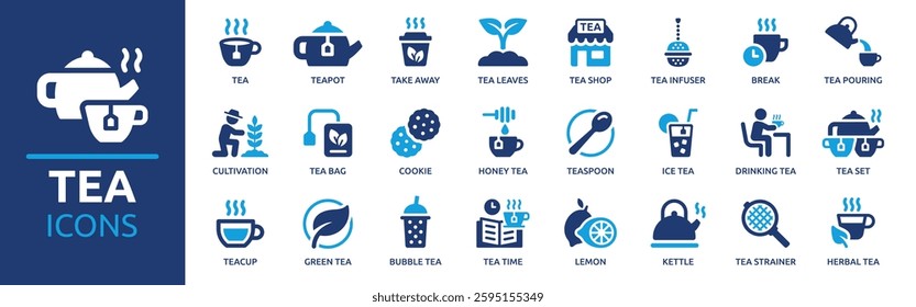 Tea icon set. Containing teapot, teacup, green tea, cultivation, tea set, kettle, teaspoon and more. Solid vector icons collection.