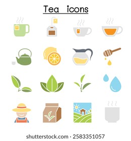 Tea icon set  in flat color style