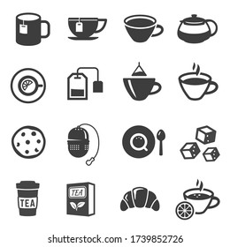 Tea icon set, healthy beverage cup for refreshment. Hot aromatic drink, food and equipment. Vector tea illustration on white background.