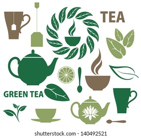 Tea icon set. Hot drink vector. Isolated teapot cup tea leaves and lemons on white background 