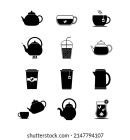 Tea icon set. Hot drink cup, cold iced tea and teapot icons black color.  Logotype organic herbal or mint teas .Vector illustration isolated on white background