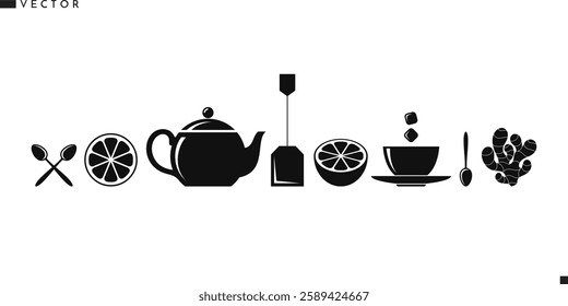 Tea icon set. Hot drink vector illustration. Isolated teapot spoon tea cup sugar lemon ginger and tea leaves