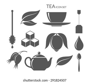 Tea icon set. Leaf. Cup. Teapot. Vintage style vector