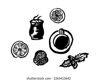 Tea icon set with slices of lemon, tea cup, glass tea cup, mint and peppermint. Ink brush drawing. Hand drawn vector illustration.