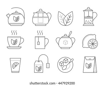 Tea icon set. Thin line vector illustration. Green and herbal tea icon on white background