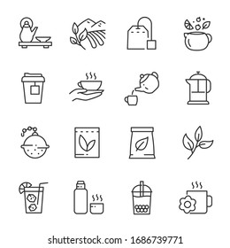 Tea, icon set. Tea tree leaf drink, linear icons. Line with editable stroke