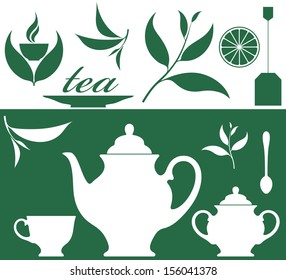 Tea icon set. Vintage style vector. Isolated cup with teaspoon and tea leaves on white background. Hot drink vector. Retro breakfast sign