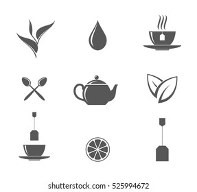 Tea icon set. Vintage style vector. Black tea on white background. Hot drink sign. 