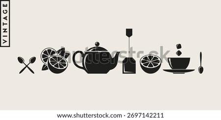 Tea icon set. Vintage style teapot tea leaves spoon lemon sugar and tea cup