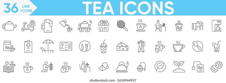 Tea icon set.teacup, green tea, cultivation, tea set, kettle, coffee, spoon knife, orange juice, morning, cereals, jam, milk, teaspoon and more.Vector and illustrator set.