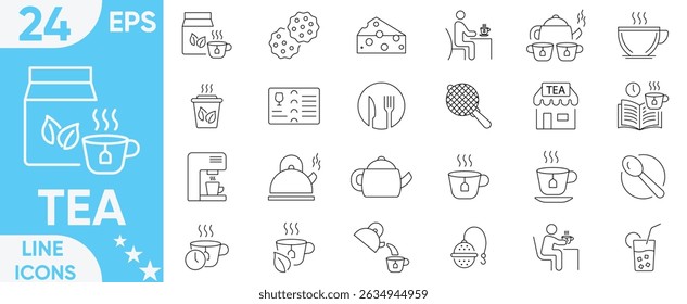 Tea icon set.teacup, green tea, cultivation, tea set, kettle, coffee, spoon knife, orange juice, morning, cereals, jam, milk, teaspoon and more.Vector and illustrator set.