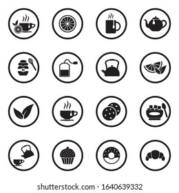 Tea Icons. Black Flat Design In Circle. Vector Illustration.