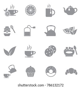 Tea Icons. Gray Flat Design. Vector Illustration. 