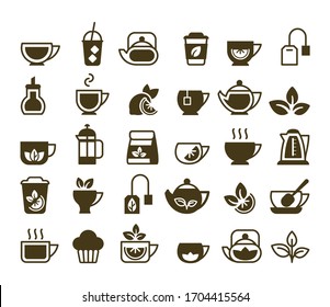 Tea Icons. Hot And Cold Drinks Symbols Cup Of Green Leaves For Black Tea Coffee Cupcakes Kettle. Vector Black Pictures