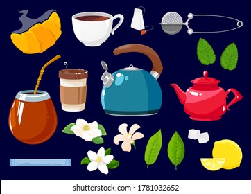 Iconos de té aislados conjunto vectorial de flores, croissant, planta de té verde o negro y hojas de menta. Cubos de azúcar de caña y envase, tetera y taza. Flores de limón, alfarero y blanco con objetos de caricatura más extraños