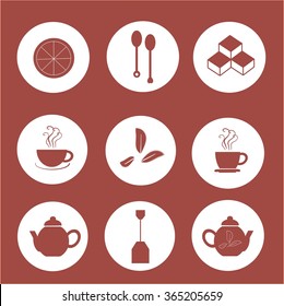 Tea icons maroon characters on a white, burgundy background, flat icons. Lemon slices, tea leaves, refined sugar, a couple of cups, spoons, teapots, tea bag. Design element, vector