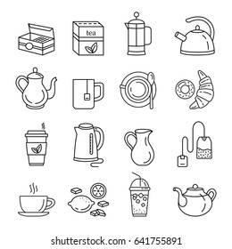 Tea icons. Outline web icon set. Kitchen appliances and various kinds of kettles. French press, electric kettle, milk jug, tea mug, tea box, tea bag, lemon, croissant and donut. Vector Illustration.
