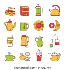 Tea icons. Outline web icon set. Kitchen appliances and various kinds of kettles. French press, electric kettle, milk jug, tea mug, tea box, tea bag, lemon, croissant and donut. Vector Illustration.