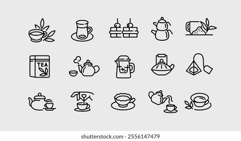 Tea icons. Set of 15 tea-themed minimal icons. Examples: Teapot, Cup, Bag, Box, Macaron. Perfect for web page, mobile app, and branding related to tea products. Vector illustration