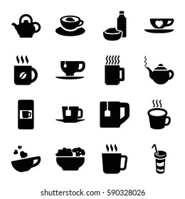 tea icons set. Set of 16 tea filled icons such as mug, vending machine, teapot, coffee, drink and food, drink, cup with heart, cup