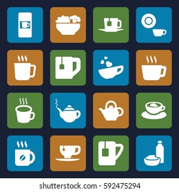 tea icons set. Set of 16 tea filled icons such as mug, vending machine, teapot, dish, coffee, drink and food, cup with heart, cup