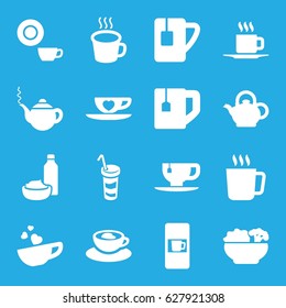 Tea icons set. set of 16 tea filled icons such as mug, vending machine, teapot, dish, tea cup, drink and food, drink, cup with heart, cup