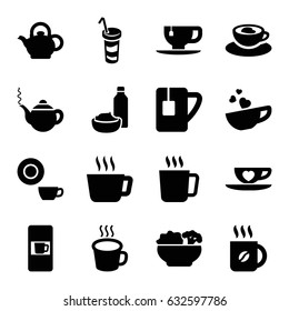 Tea icons set. set of 16 tea filled icons such as mug, vending machine, teapot, dish, coffee, drink and food, drink, cup with heart, cup