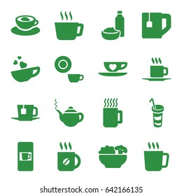 Tea icons set. set of 16 tea filled icons such as mug, vending machine, teapot, dish, coffee, drink and food, drink, cup with heart, cup
