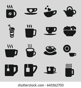 Tea icons set. set of 16 tea filled icons such as mug, dish, coffee, tea cup, drink, cup with heart, cup