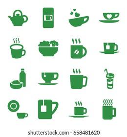 Tea icons set. set of 16 tea filled icons such as mug, vending machine, dish, coffee, tea cup, drink and food, drink, cup with heart, cup