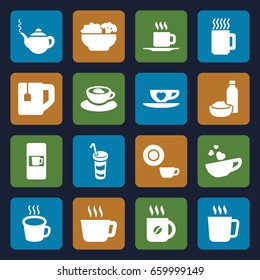 Tea icons set. set of 16 tea filled icons such as mug, vending machine, teapot, dish, coffee, drink and food, drink, cup with heart, cup