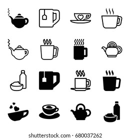 Tea icons set. set of 16 tea filled and outline icons such as mug, teapot, drink and food, cup with heart