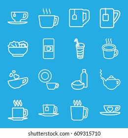 Tea icons set. set of 16 tea outline icons such as mug, vending machine, teapot, dish, drink and food, drink, cup with heart, cup