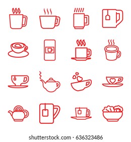 Tea icons set. set of 16 tea outline icons such as mug, vending machine, teapot, cup with heart, cup