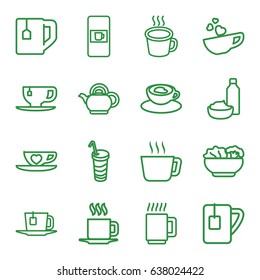 Tea icons set. set of 16 tea outline icons such as vending machine, tea cup, drink and food, drink, cup with heart, cup, food