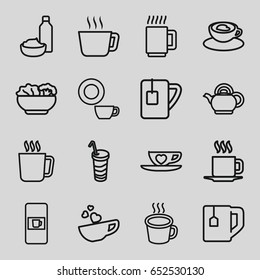 Tea icons set. set of 16 tea outline icons such as mug, vending machine, dish, tea cup, drink and food, drink, cup with heart, cup