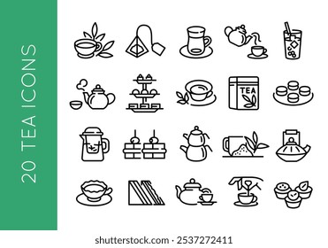 Iconos de té. Conjunto de 20 iconos mínimos con temática de té. Ejemplos: Tetera, Taza, Bolsa, Caja, Macaron. Perfecto para la página de Web, App móvil y marca relacionada con productos de té. Ilustración vectorial