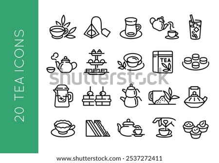 Tea icons. Set of 20 tea-themed minimal icons. Examples: Teapot, Cup, Bag, Box, Macaron. Perfect for web page, mobile app, and branding related to tea products. Vector illustration