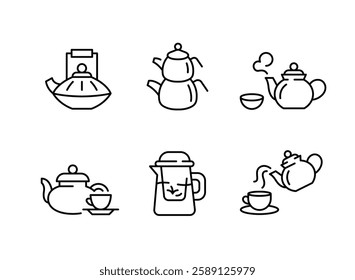 Tea icons. Set of 6 tea-themed minimal icons. Examples: Teapot, Cup, Bag, Box, Macaron. Perfect for web page, mobile app, and branding related to tea products. Vector illustration