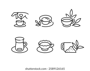 Tea icons. Set of 6 tea-themed minimal icons. Examples: Teapot, Cup, Bag, Box, Macaron. Perfect for web page, mobile app, and branding related to tea products. Vector illustration